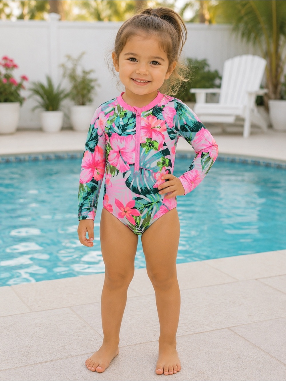 Wonder Nation Pink Floral Long Sleeve Zip-Front Rashguard One-Piece